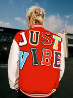 JUST VIBE Terry Multicolor Logo PU Leather Varsity Jacket