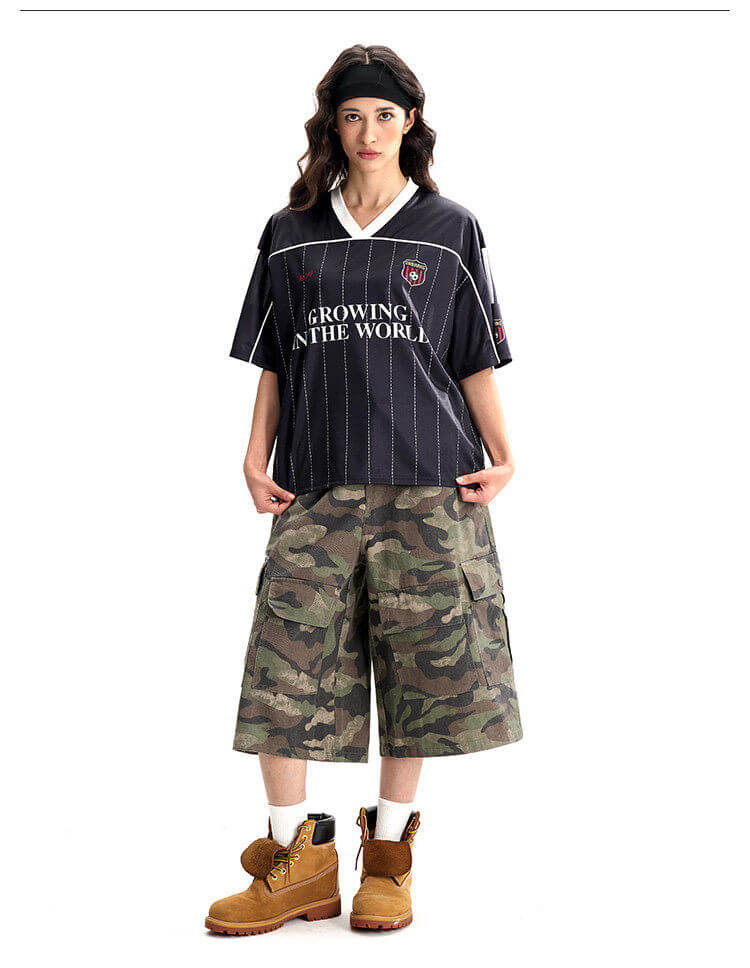 F3F Select Stitch Stripe Mesh V Neck Short Sleeve Soccer Jersey