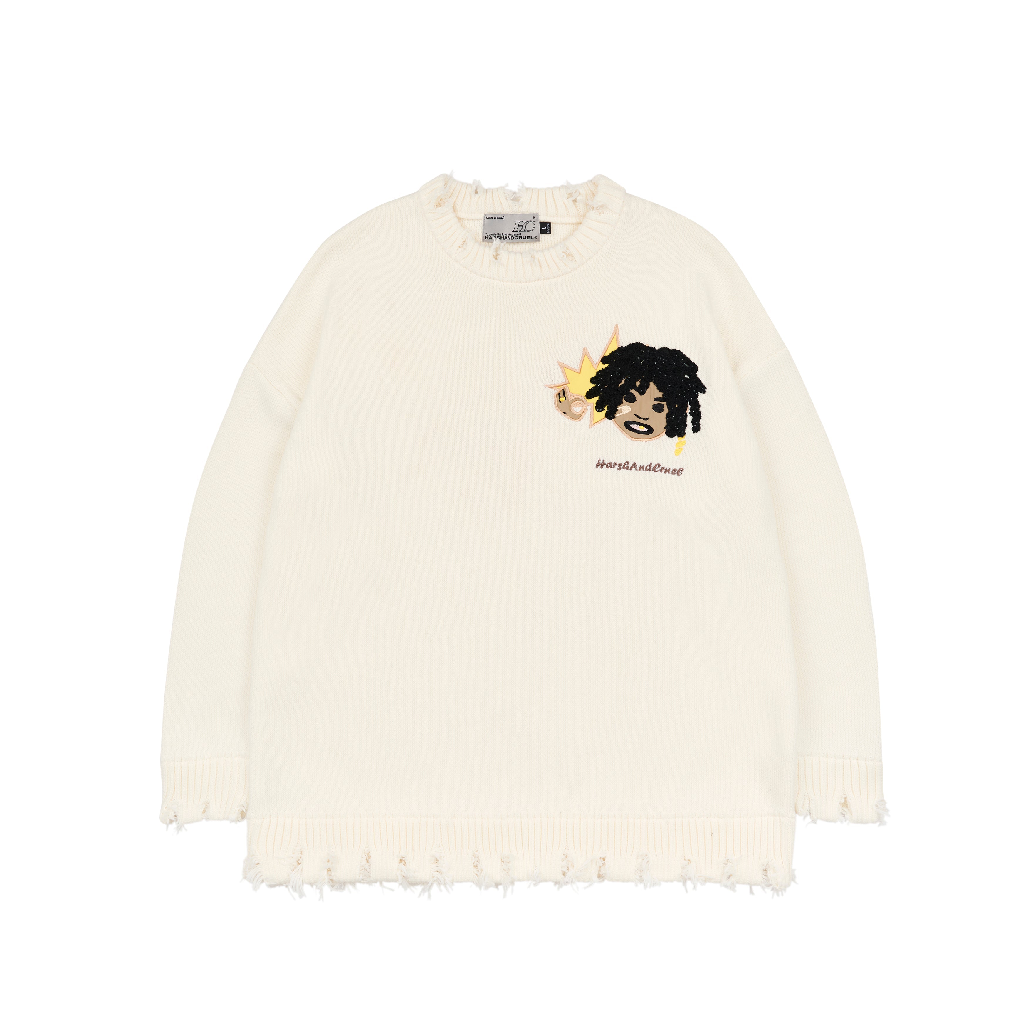 Harsh and Cruel Cartoon Face Distressed Knit Sweater
