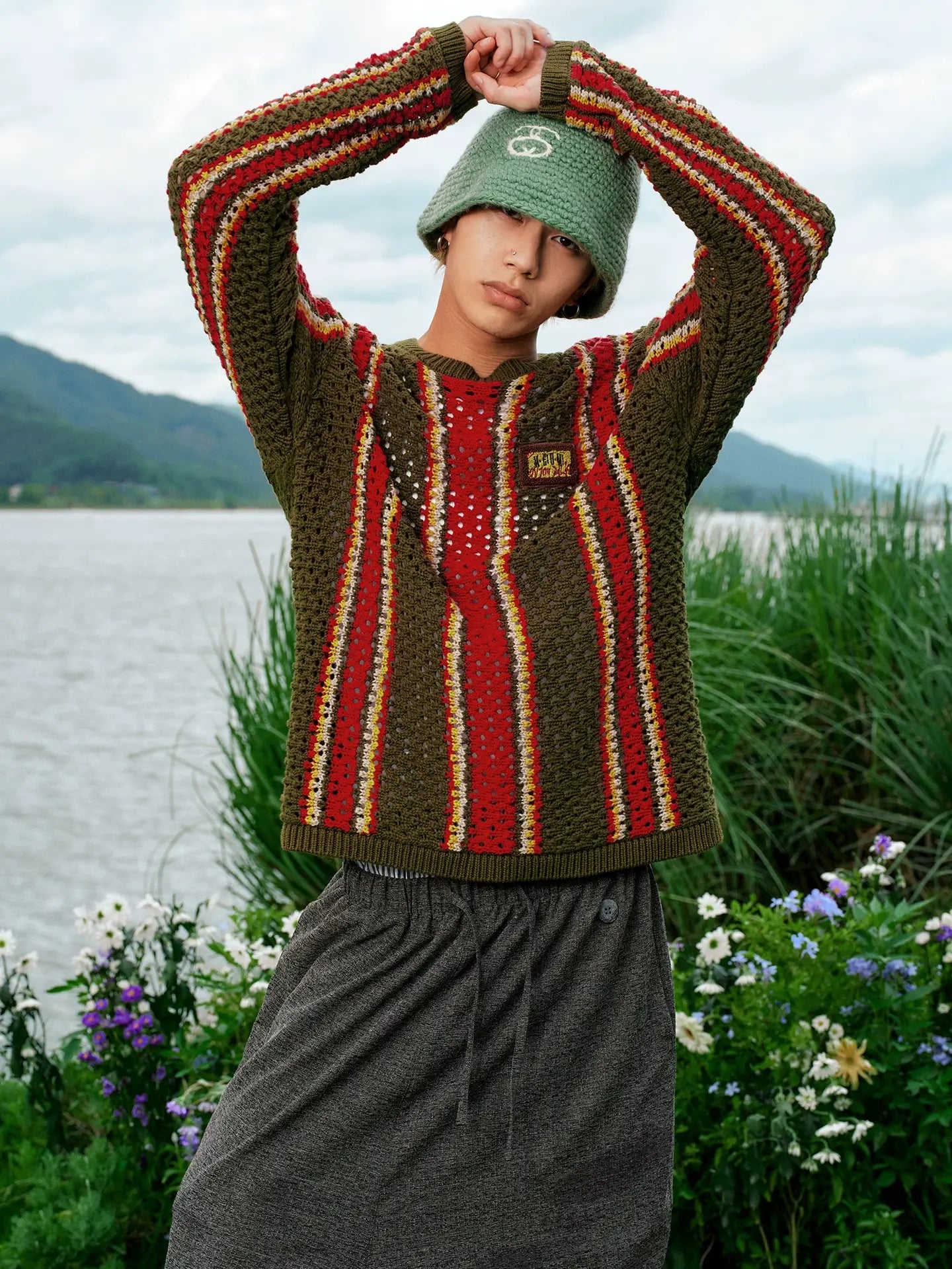 MEDM Multi Color Striped Open Knit Sweater