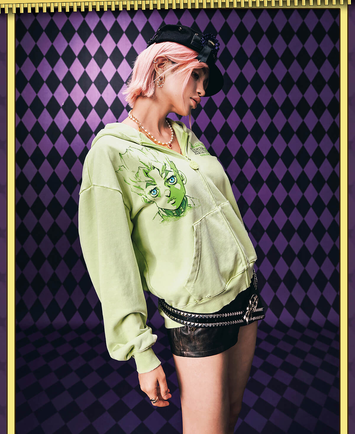 MEDM × JOJO Washed Graphic Print Zip Up Hoodie