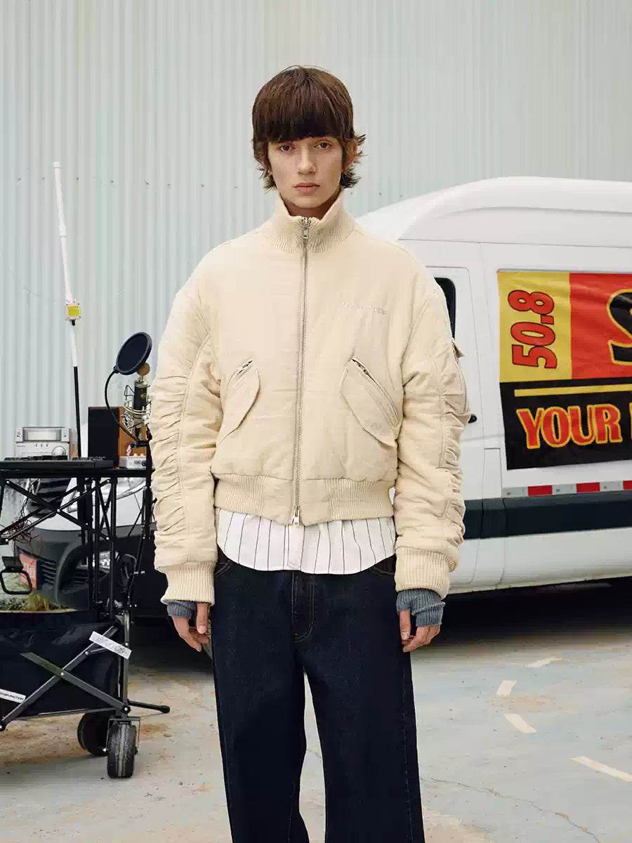 SOD Co. Beige Pilling Custom Pleated MA-1 Bomber Jacket