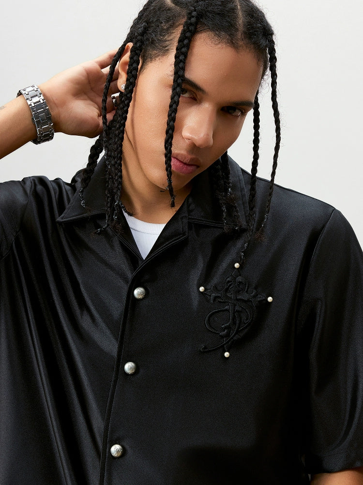 Small Town Kid 3D Cross Embroidered Satin Cuban Shirt Set