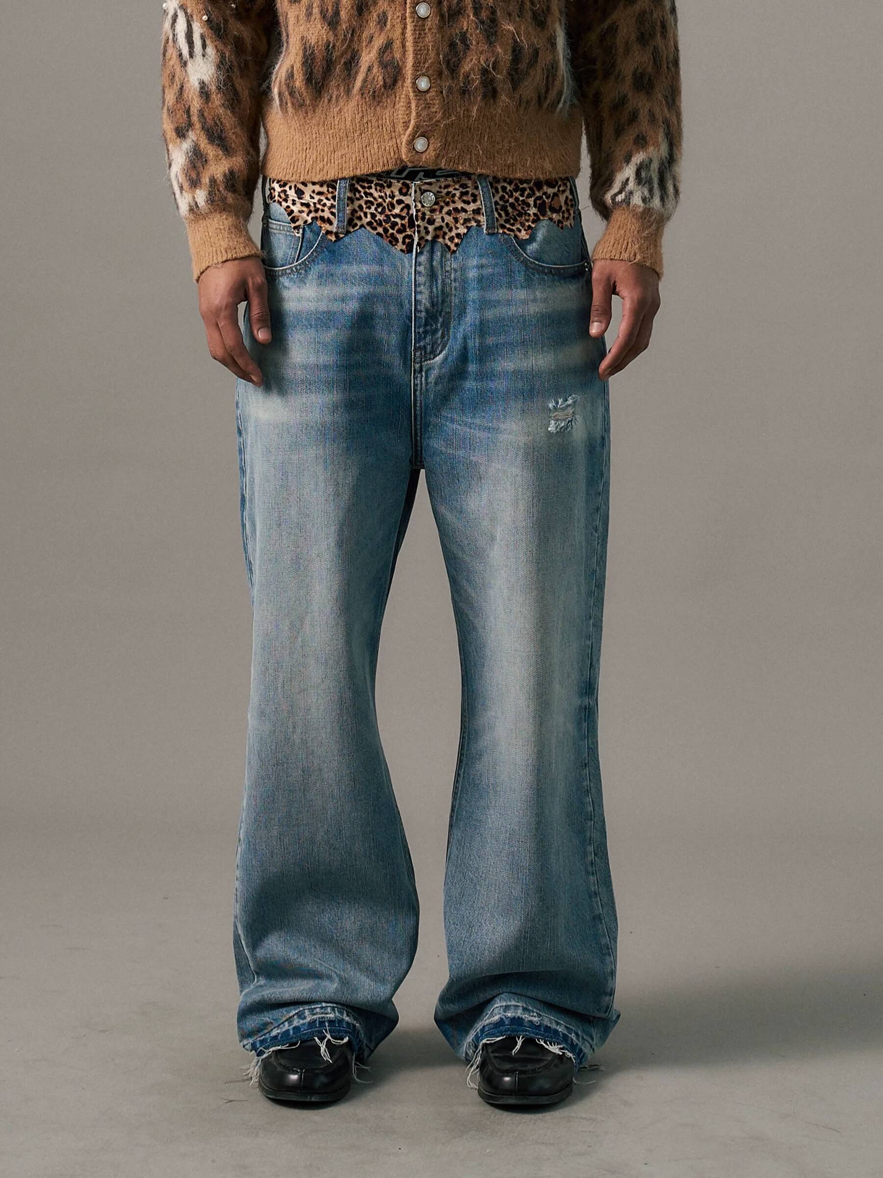 S45 Leopard Patchwork Washed Flared Jeans