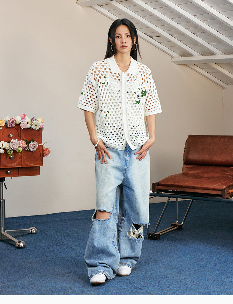 MEDM Flower Embroidery Open Knit Short Sleeve Shirt