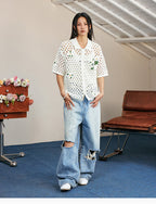 MEDM Flower Embroidery Open Knit Short Sleeve Shirt