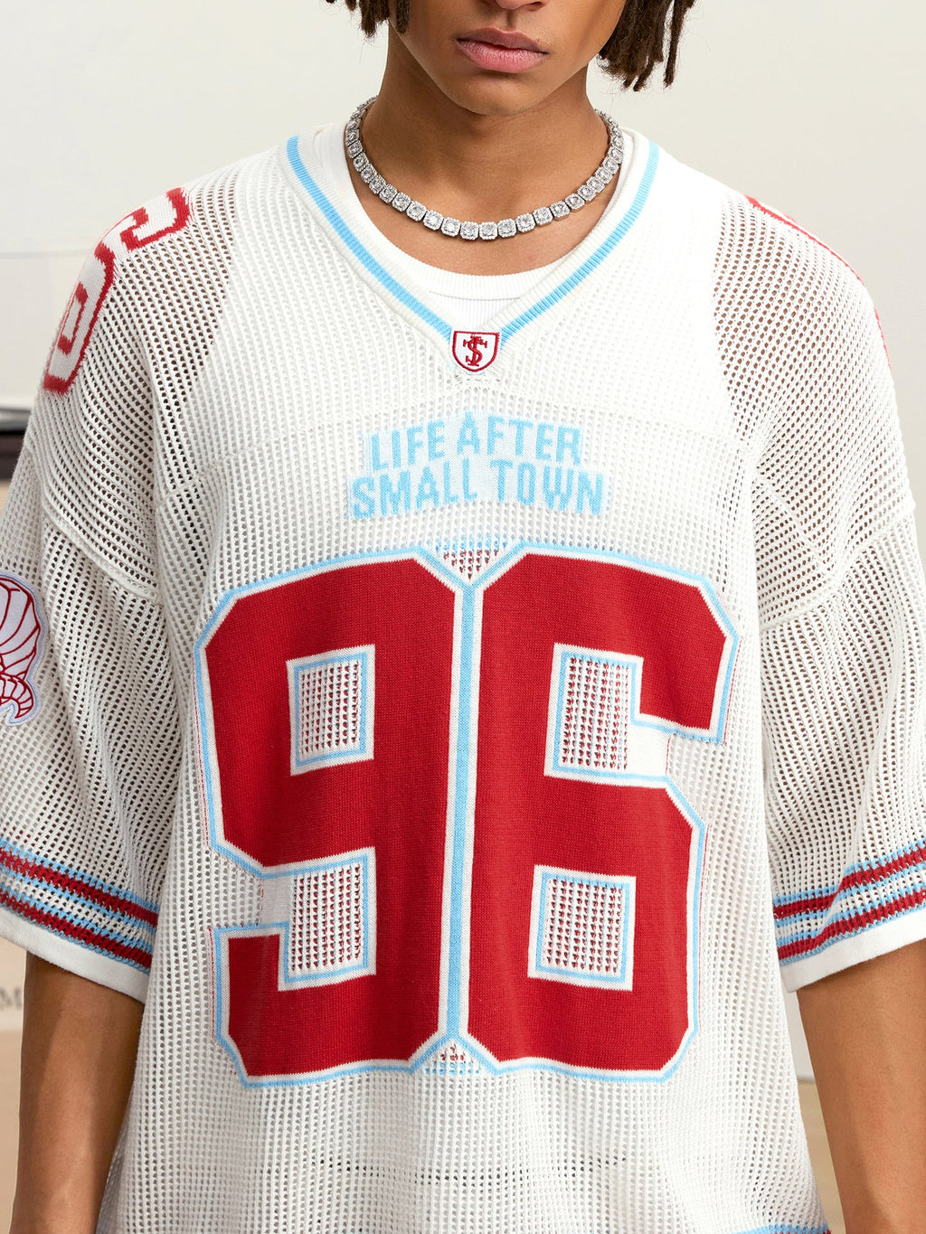Small Town Kid Mesh Knit V Neck Rugby Jersey