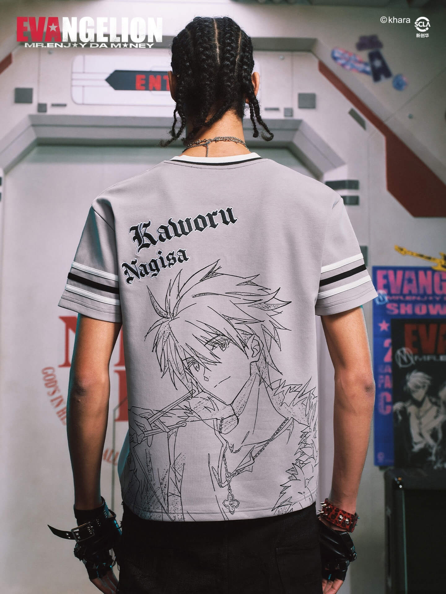 MEDM x EVA NEVER END Character Sketch Print Name Embroidered V Neck Tee