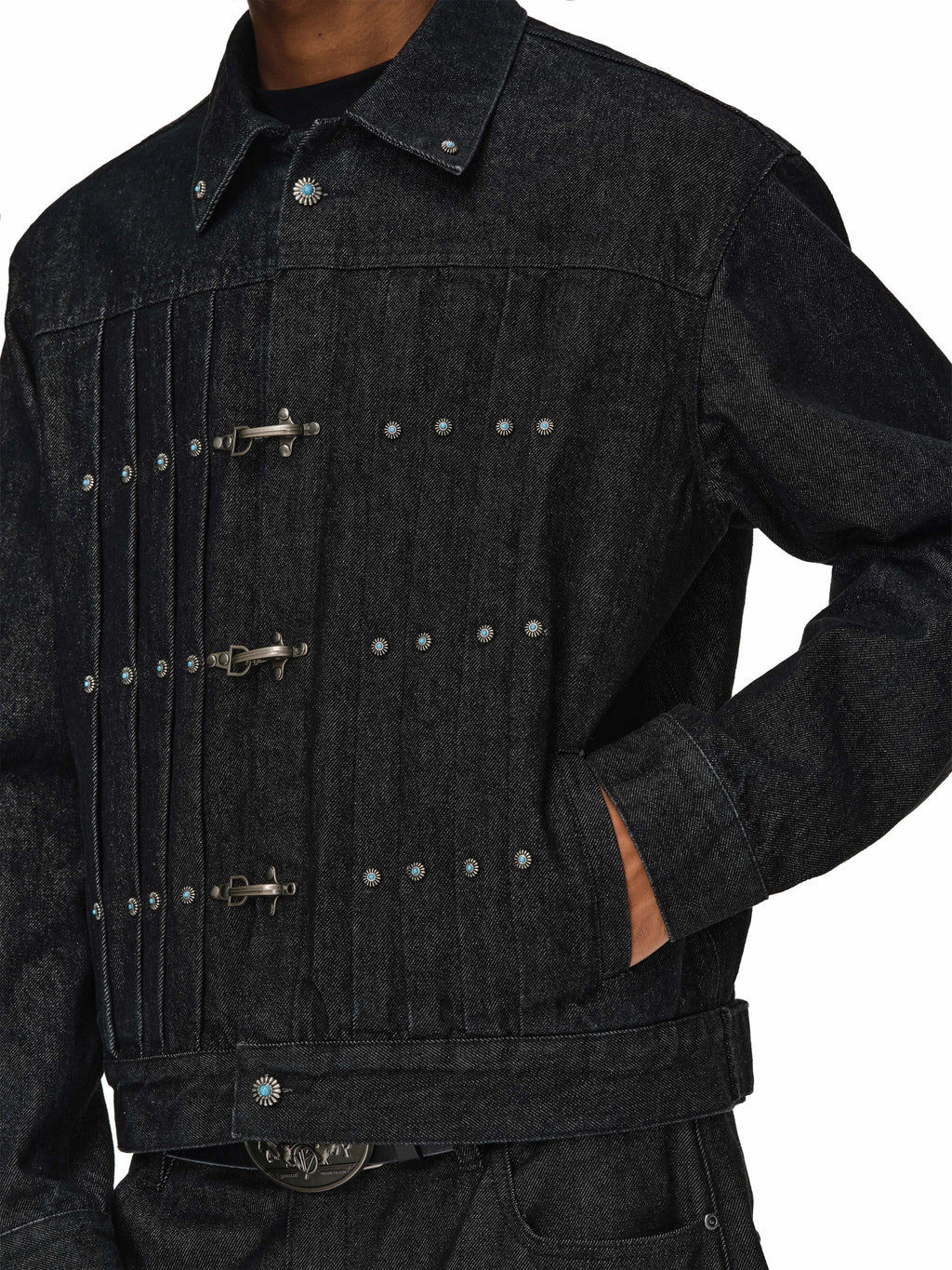 ANTIDOTE Turquoise Studded Pleated Buckle Denim Jacket