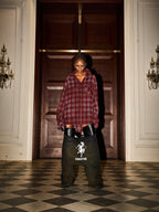 BLIND NO PLAN Washed Aged Cross Horse Patch Plaid Long Sleeve Shirt