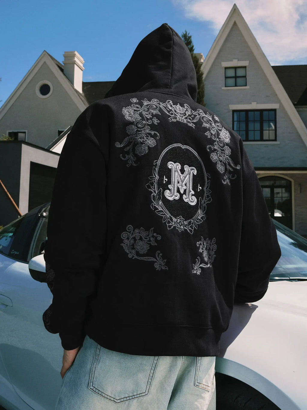 MEDM Patterned Flower Embroidered Zip Up Hoodie