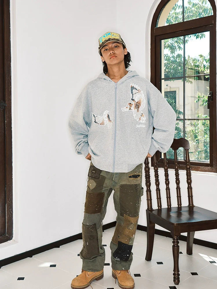 JUST VIBE Lace Peace Dove Zip Up Hoodie
