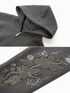 JHYQ Floral Print Studded Double Zipper Hoodie