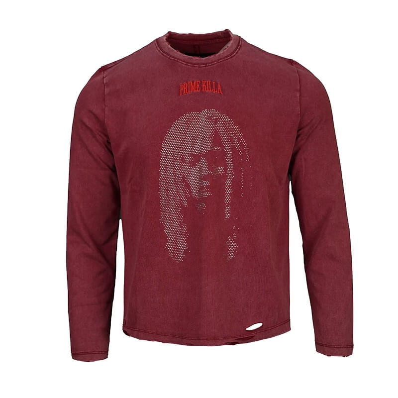 TGFCLUB Rhinestone Portrait Heavy Washed Distressed Long Sleeve Tee