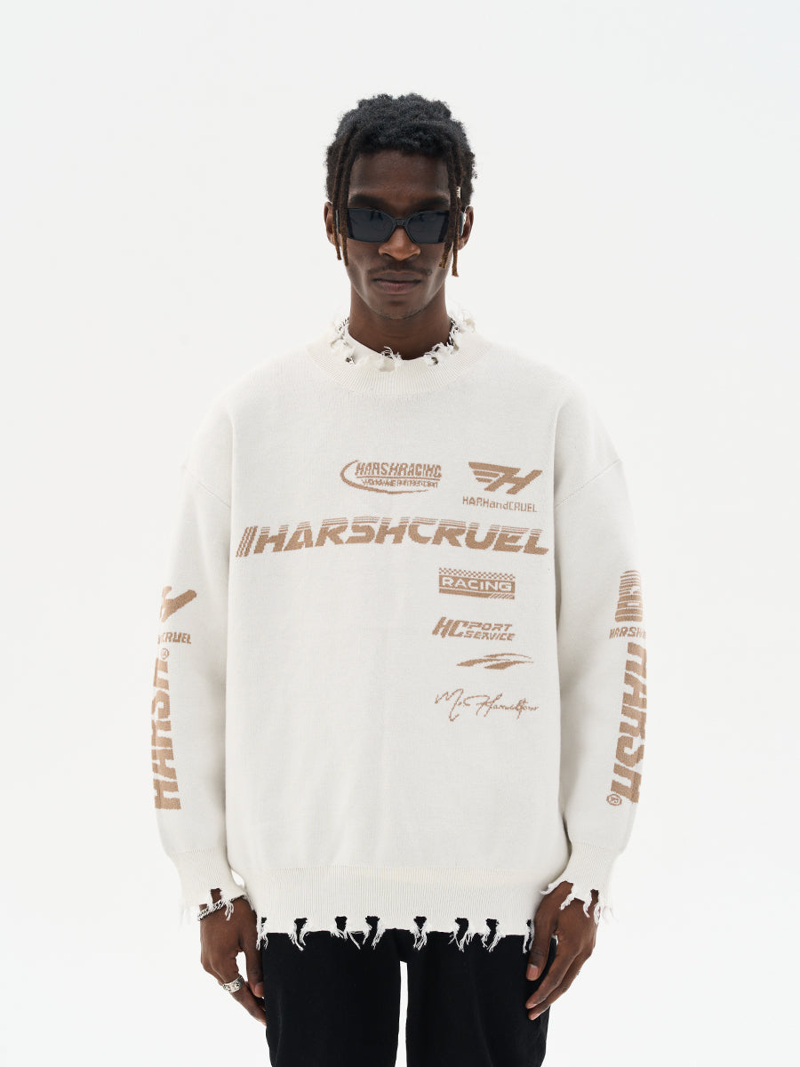 Harsh and Cruel Racing Logo Distressed Knit Sweater