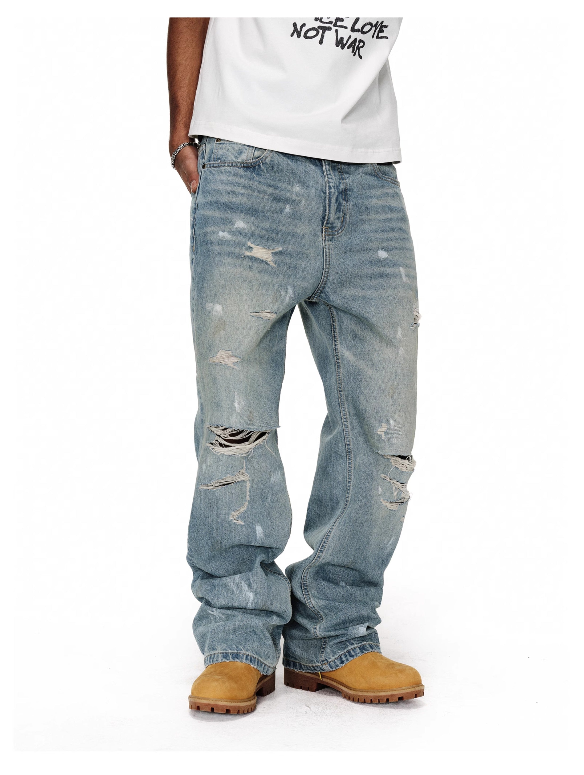 ANTIDOTE Washed Ripped Holes Light Blue Flared Jeans