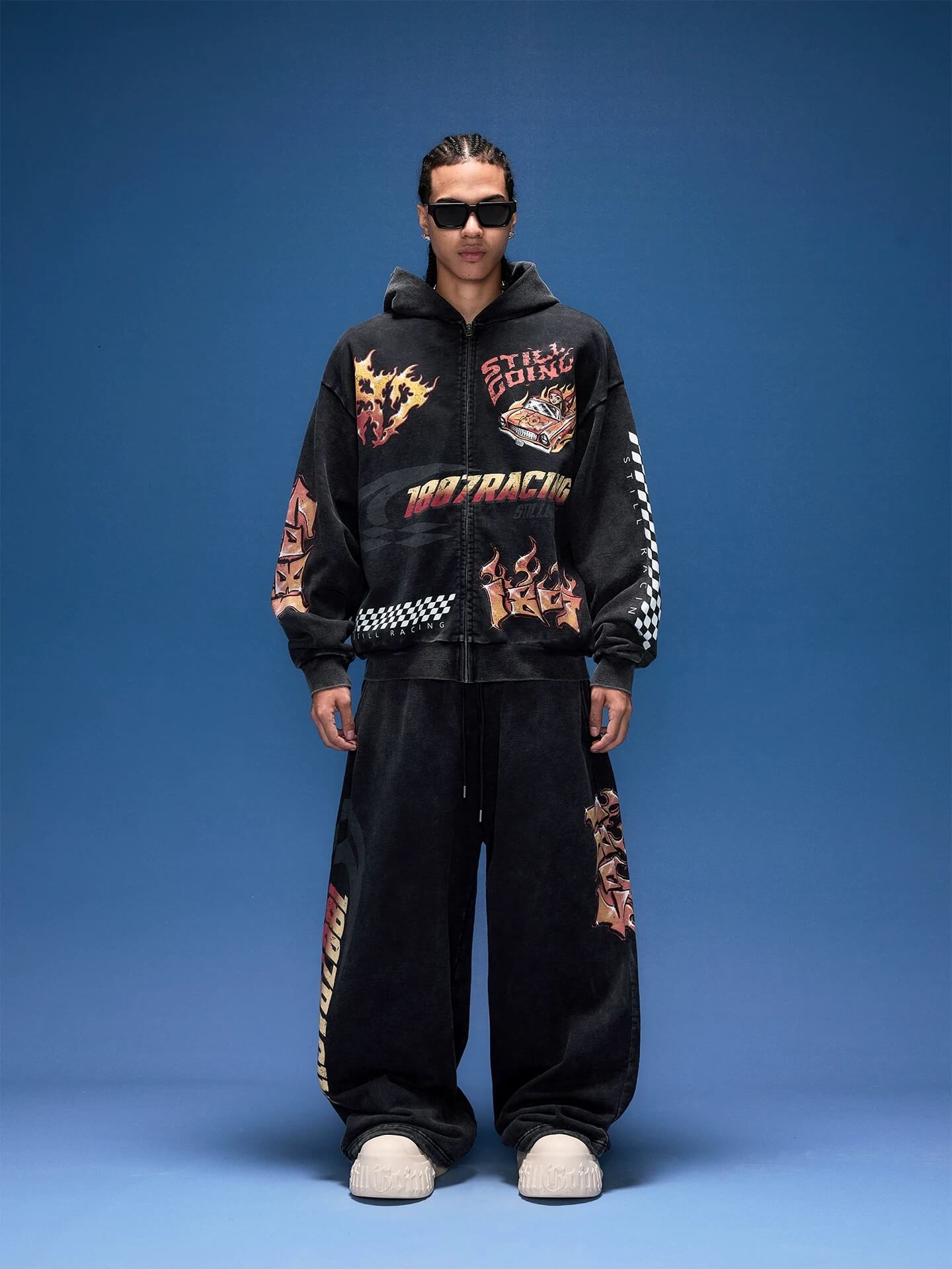 1807 Racing Graffiti Printed Washed Zip Up Hoodie