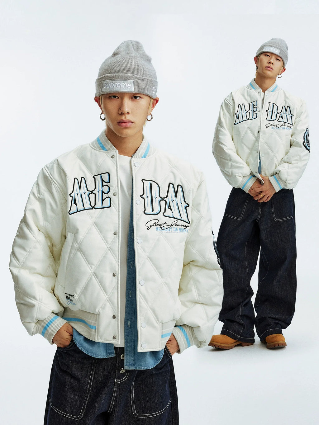 MEDM Diamond Quilted PU Leather Varsity Jacket