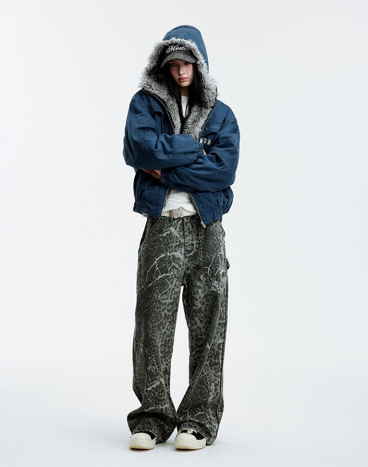 MEDM Fur Lined Washed Work Hooded Jacket