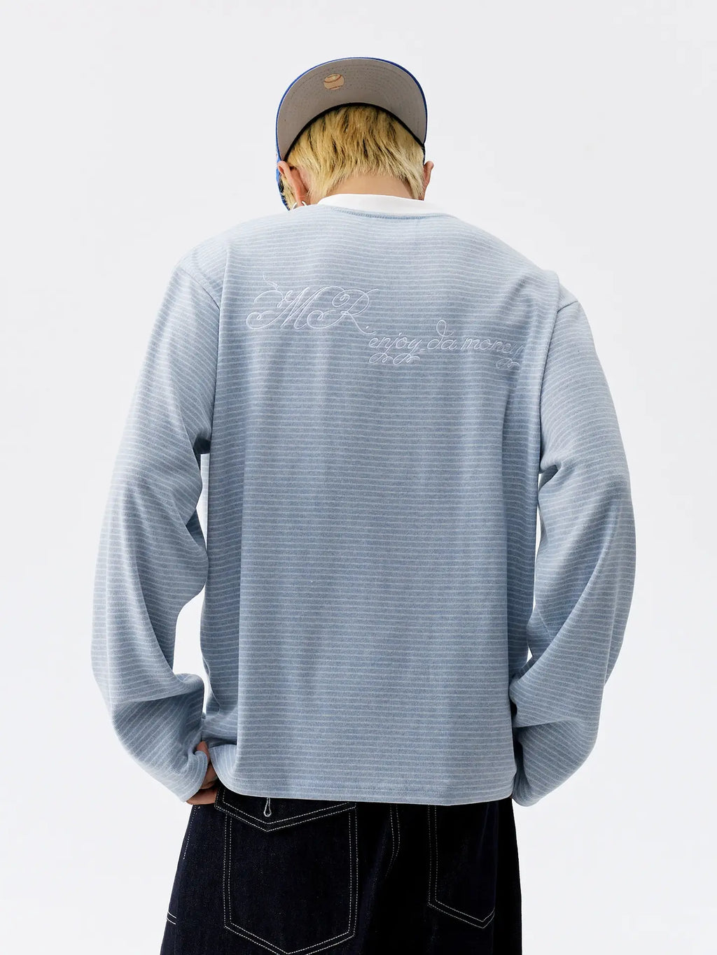 MEDM Rose Embroidered Striped Henley Long Sleeve Tee
