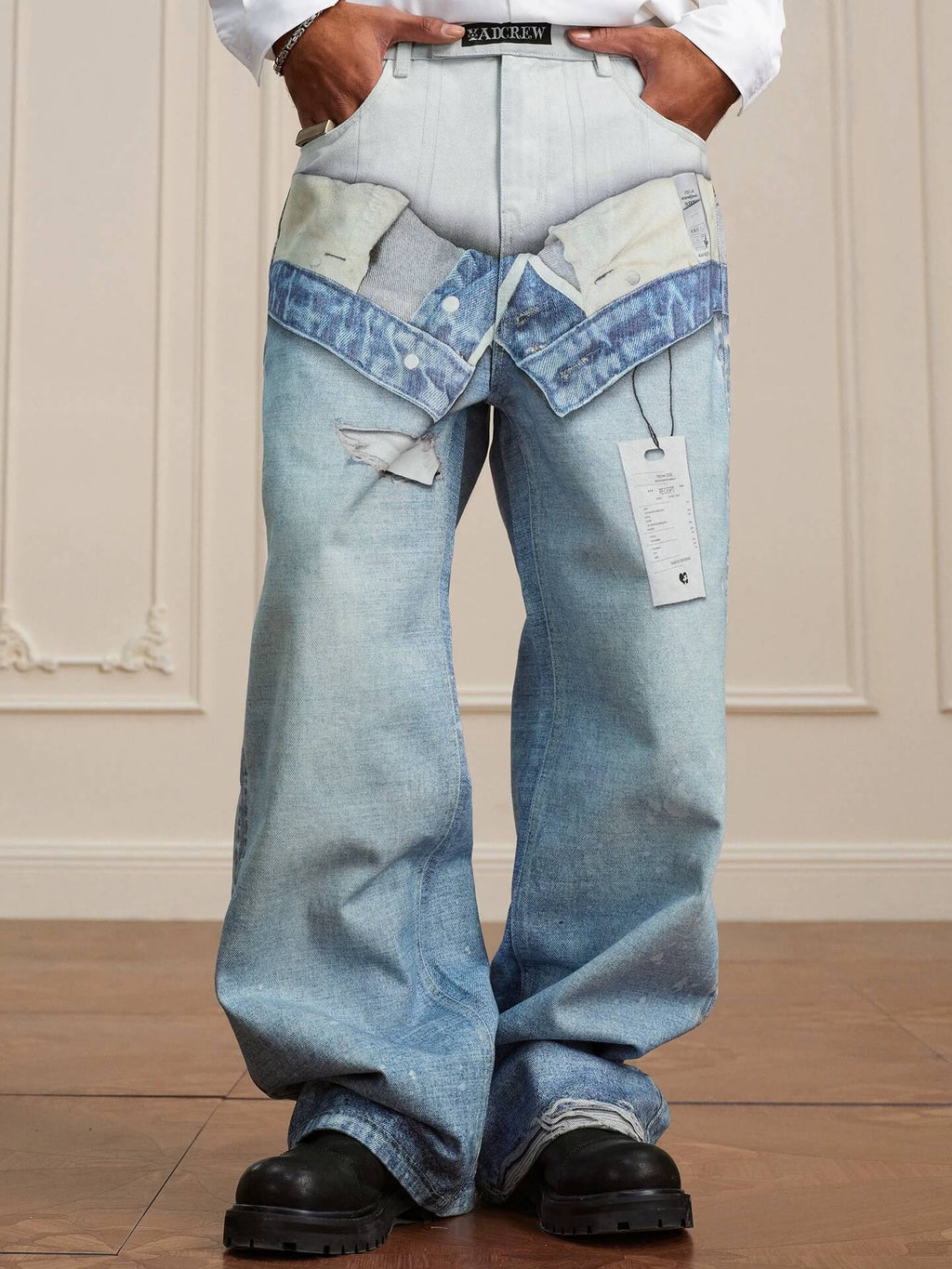 YADcrew 3D Digital Print Double Waist Washed Jeans