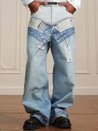 YADcrew 3D Digital Print Double Waist Washed Jeans