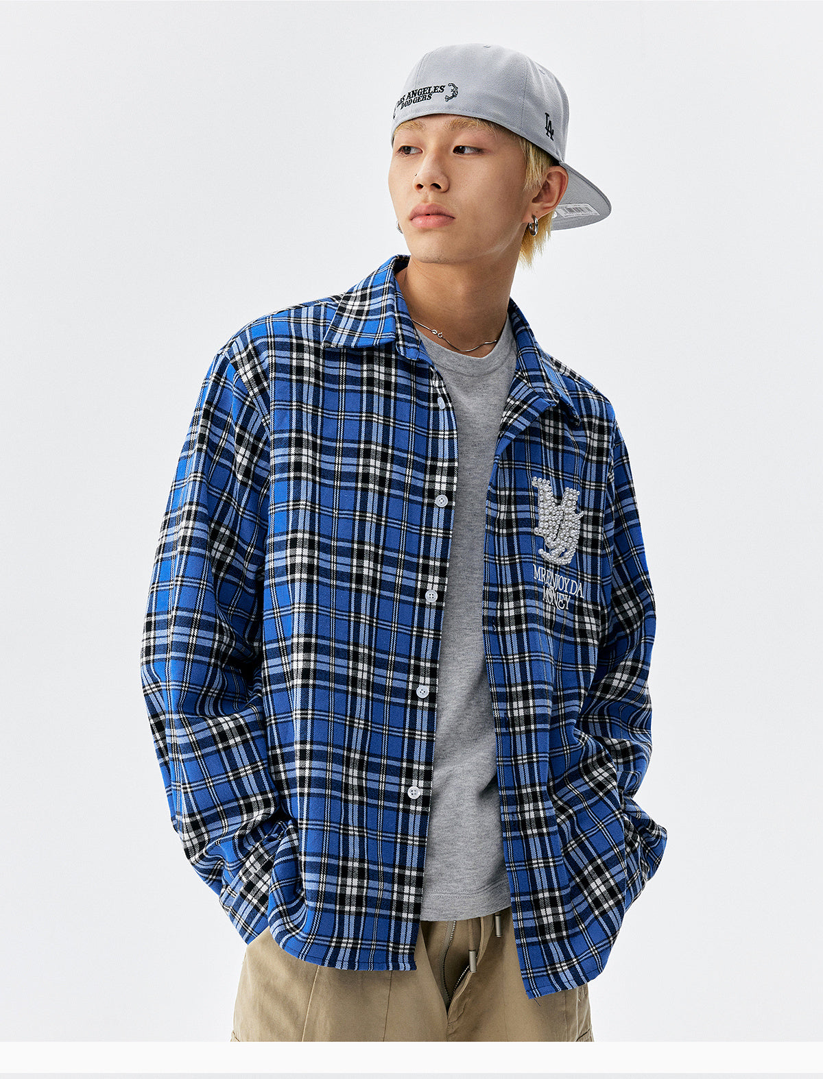 MEDM Blue Pearl Embroidery Plaid Long Sleeve Shirt