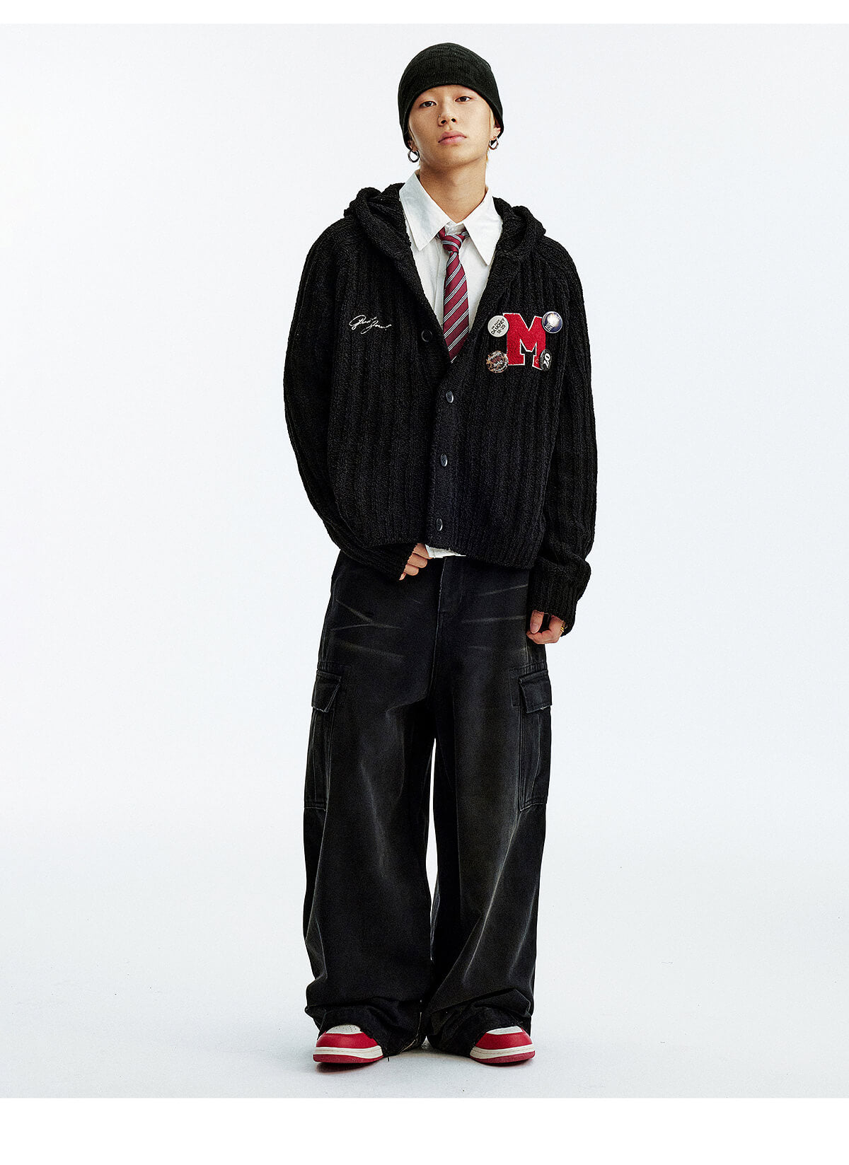 MEDM Stripe Knit Hooded Cardigan