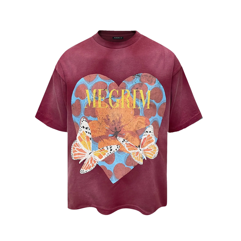 RUSURE Washed Butterfly Heart Print Tee