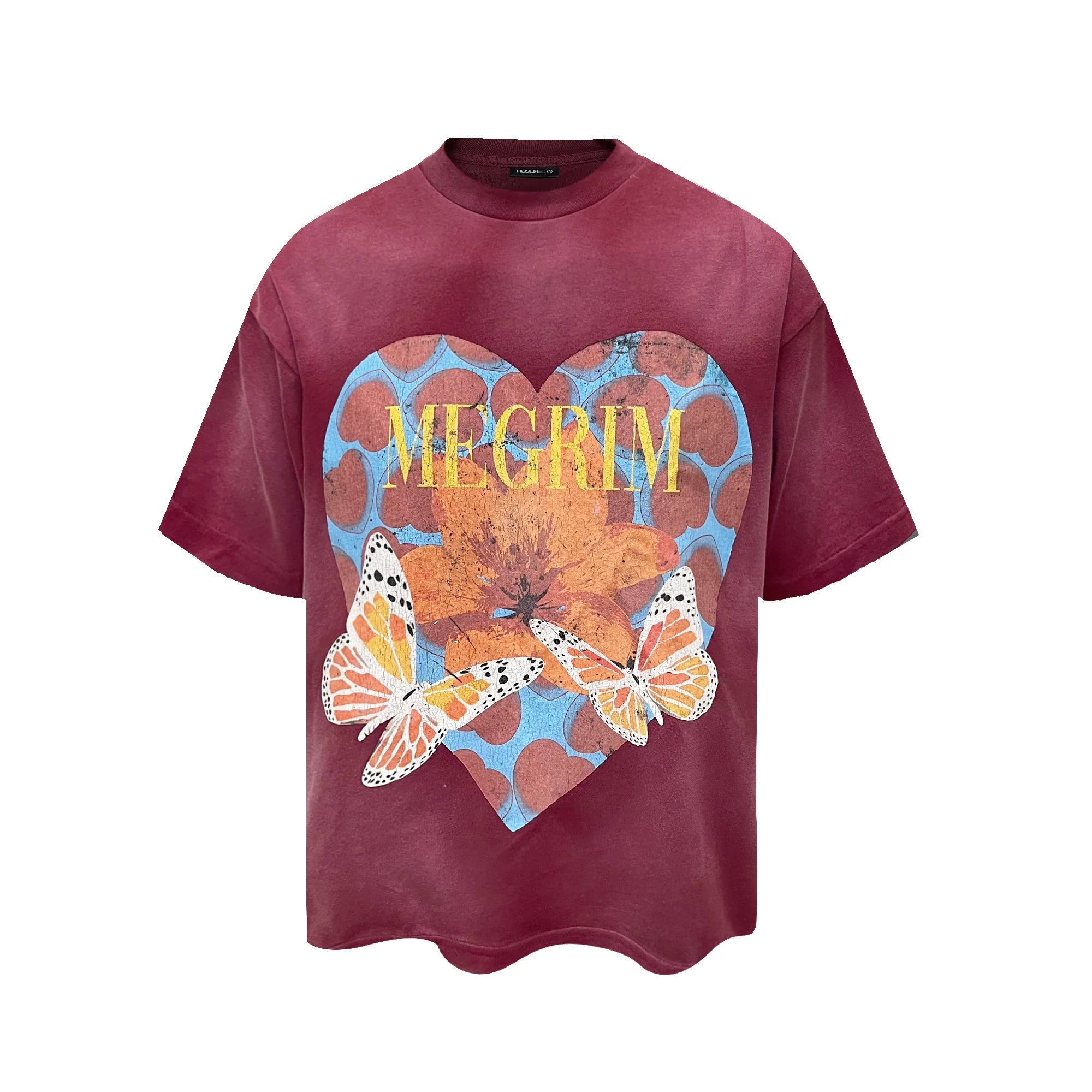 RUSURE Washed Butterfly Heart Print Tee