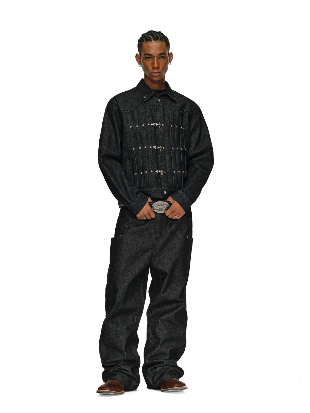 ANTIDOTE Turquoise Studded Pleated Buckle Denim Jacket