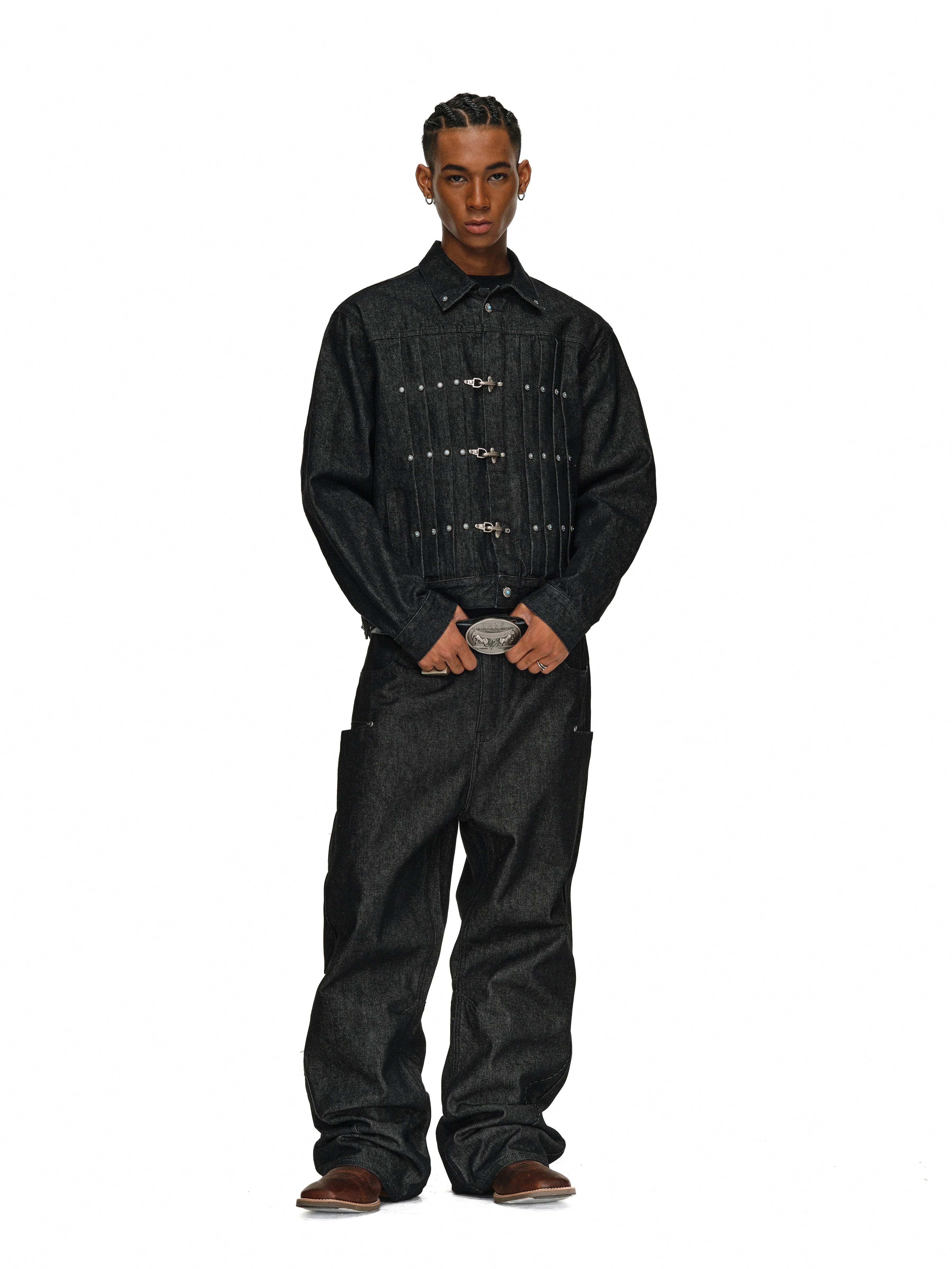 ANTIDOTE Turquoise Studded Pleated Buckle Denim Jacket