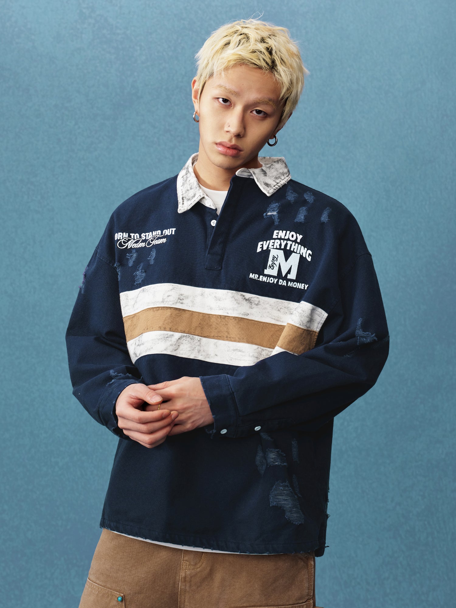 MEDM Asymmetric Collar Stripes Long Sleeve Polo