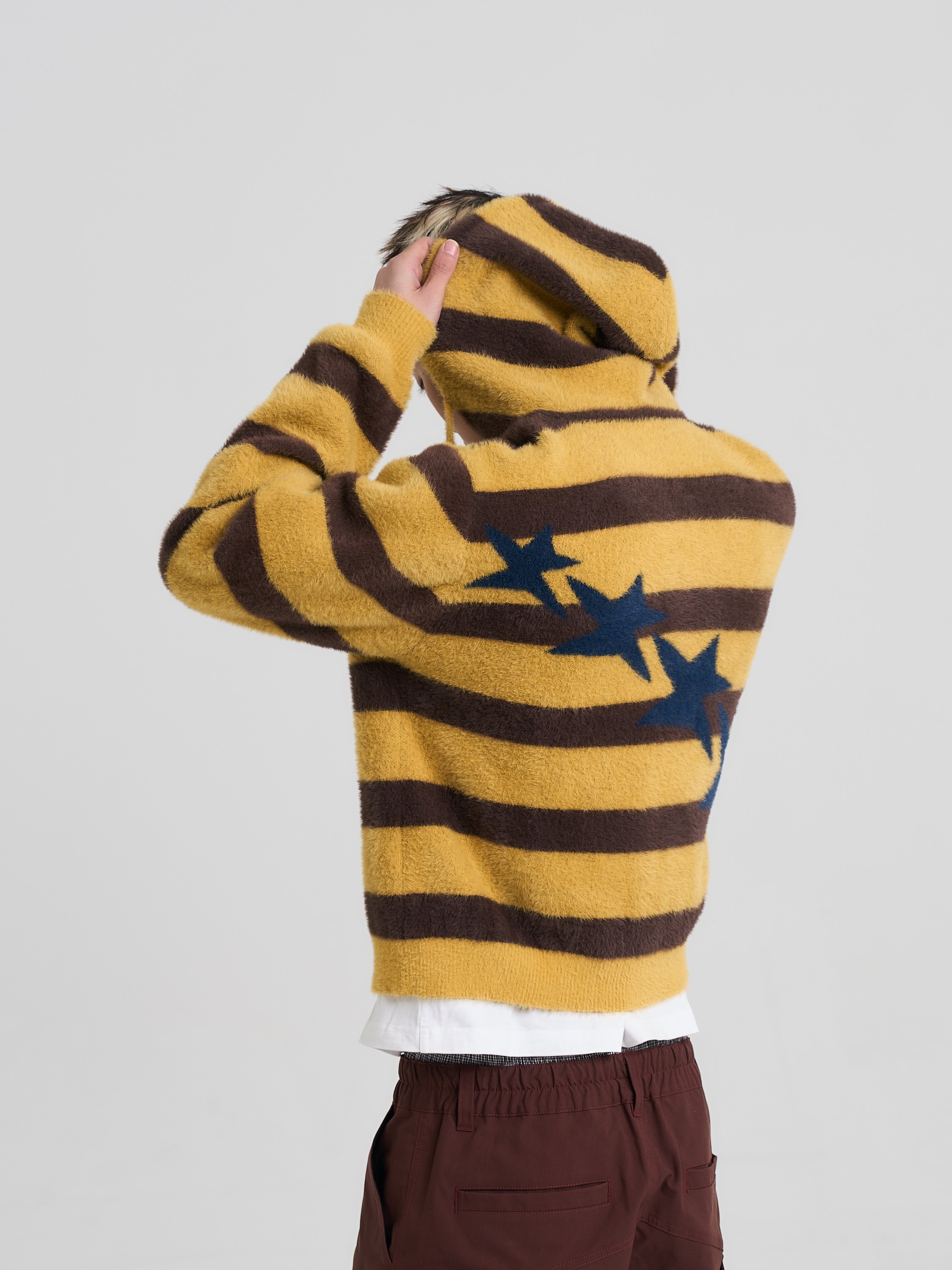 EVILKNIGHT(EK) Striped Star Knit Zip-Up Hoodie