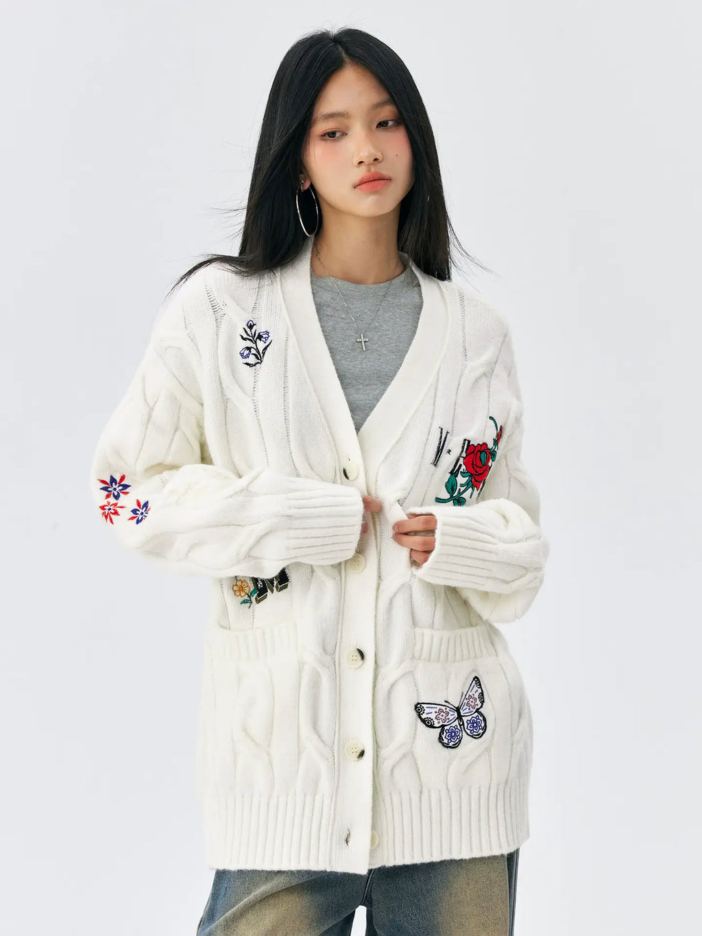 MEDM Floral Butterfly Embroidered Cable Knit Cardigan
