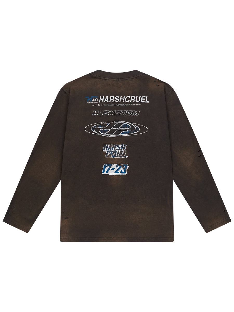 Harsh and Cruel Washed Destroyed Typography Printed Long Sleeve Tee