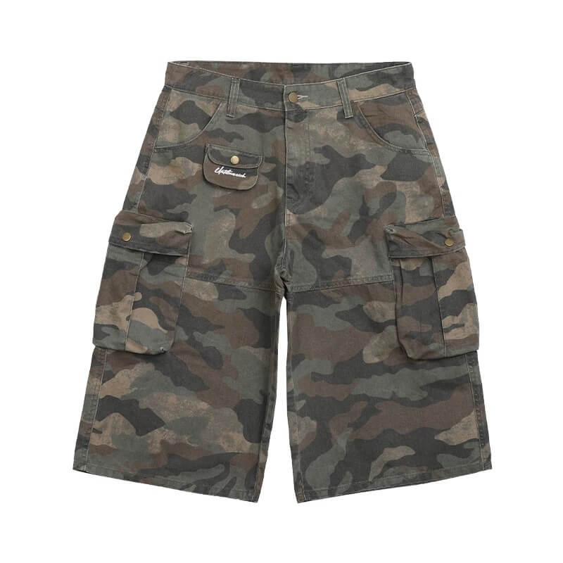 UNTILWERICH Washed Camo Multi Pocket Wide Cargo Below Knee Shorts