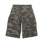 UNTILWERICH Washed Camo Multi Pocket Wide Cargo Below Knee Shorts