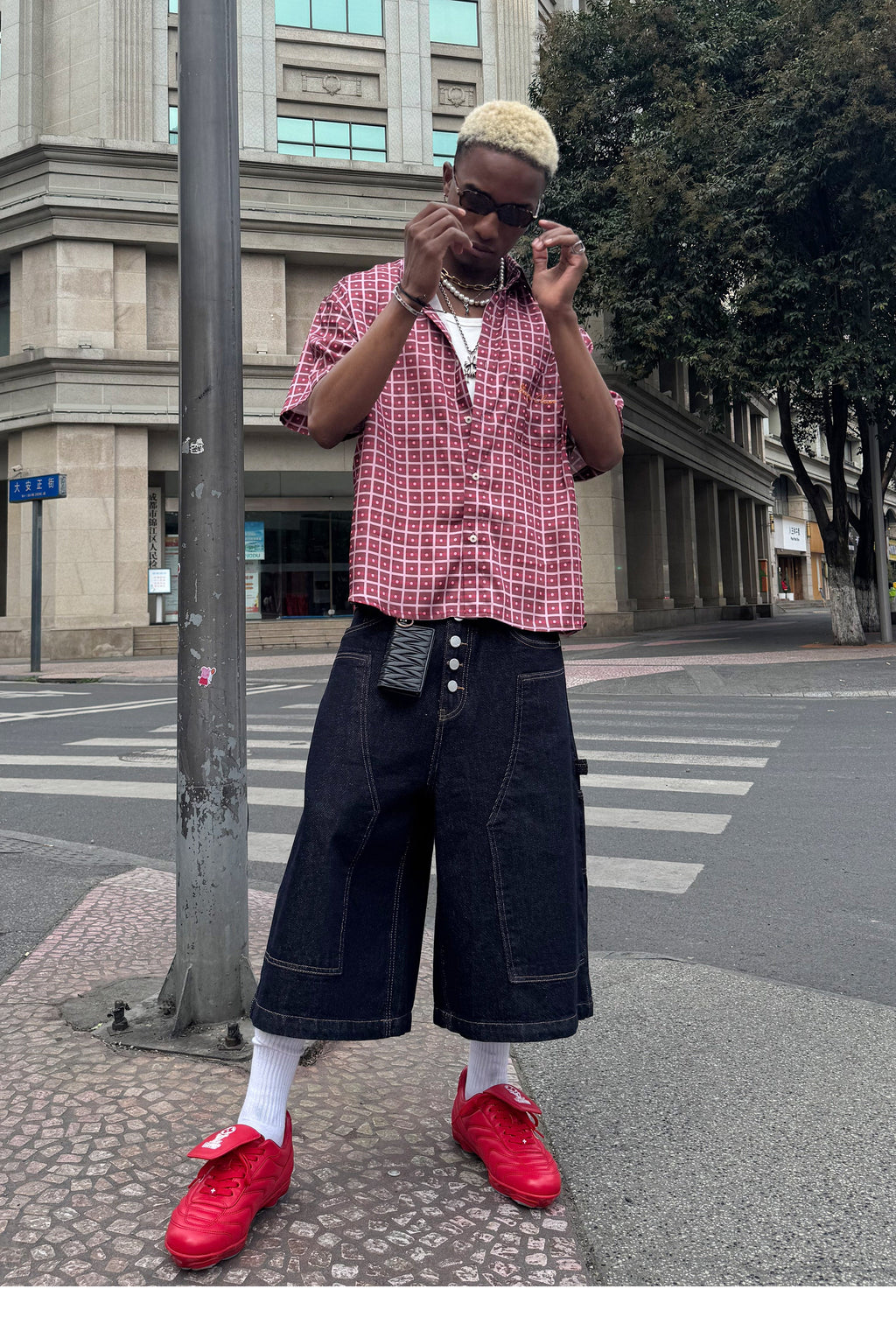 STEEPC Plaid Boxy Wide Short Sleeve Shirt