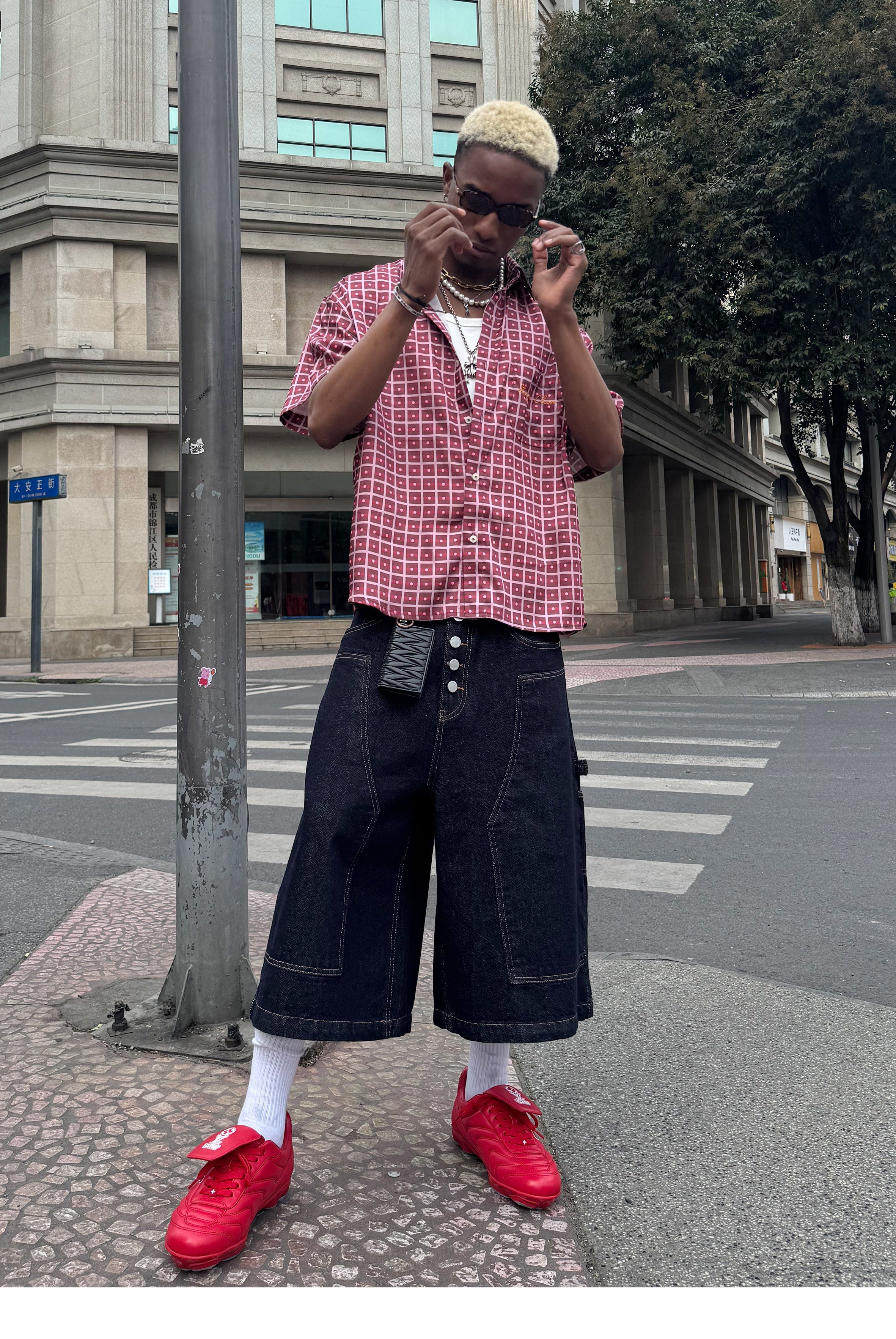 STEEPC Plaid Boxy Wide Short Sleeve Shirt