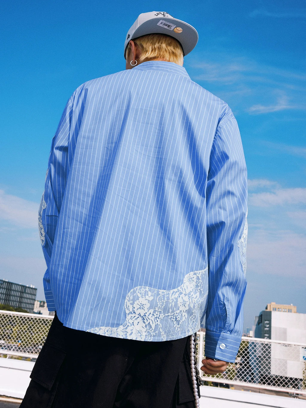 MEDM Lace Embroidered Striped Long Sleeve Shirt