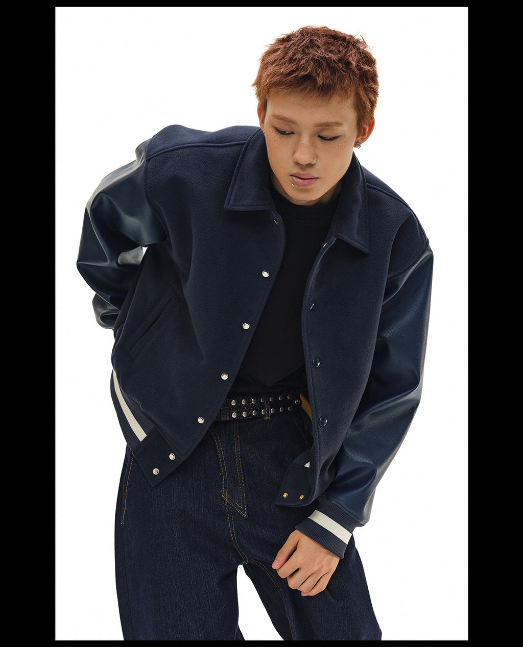 NOVACAM Navy Blue Short Basic Varsity Jacket