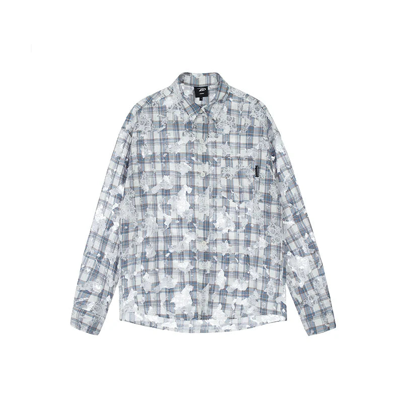Achock Holes Lace Patches Plaid Long Sleeved Shirt