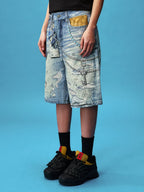 YADcrew Plaid Shirt Chain Photorealistic Print Denim Shorts