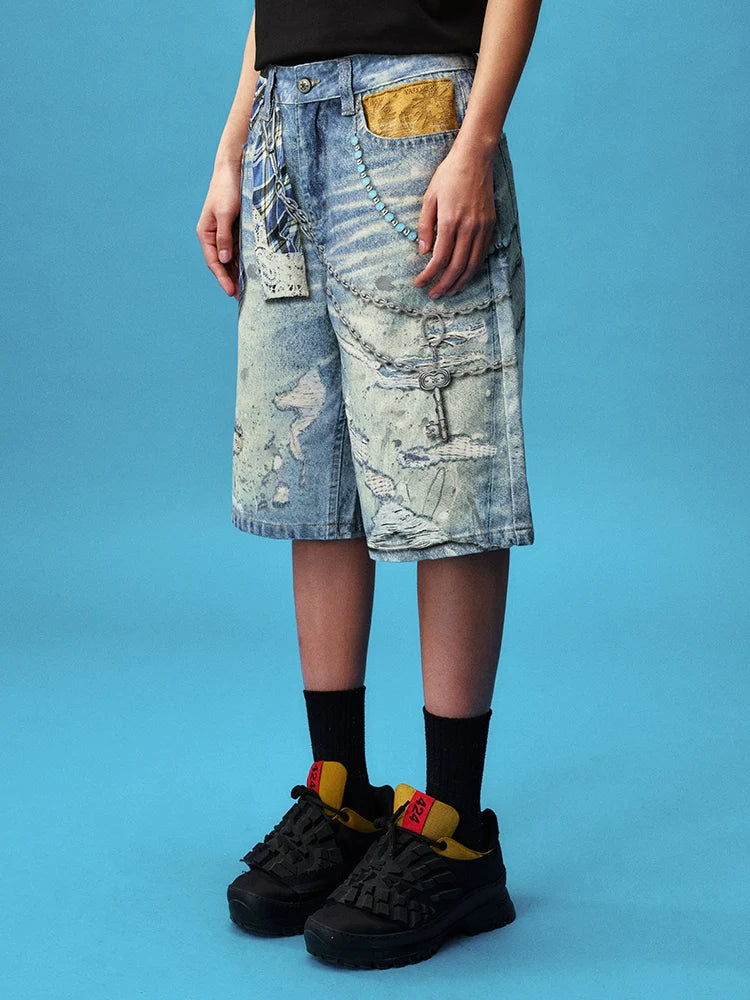 YADcrew Plaid Shirt Chain Photorealistic Print Denim Shorts
