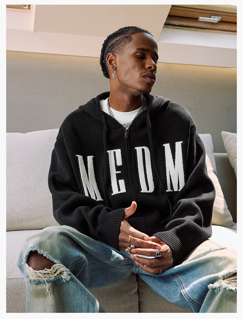 MEDM Basic Embroidered Logo Zip Up Knit Hoodie