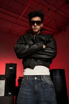 KARMANISTIC Graphic Embroidered Leather Short Bomber Jacket