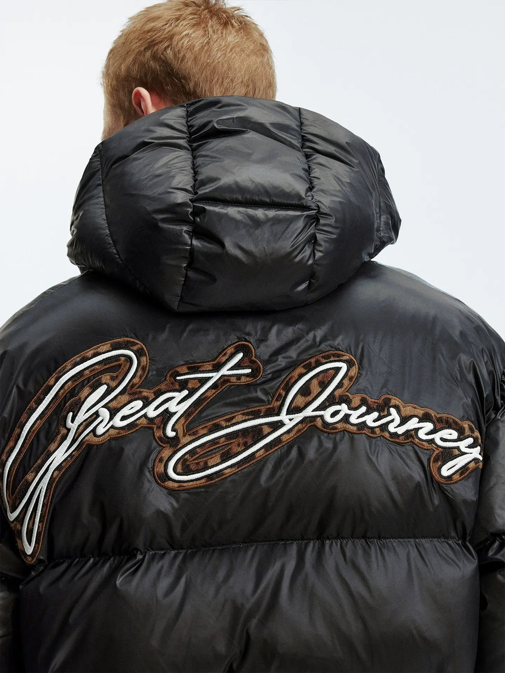 MEDM Leopard Leather Patch Puffer Jacket