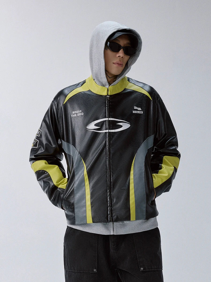 F2CE Color Block PU Leather Racing Jacket