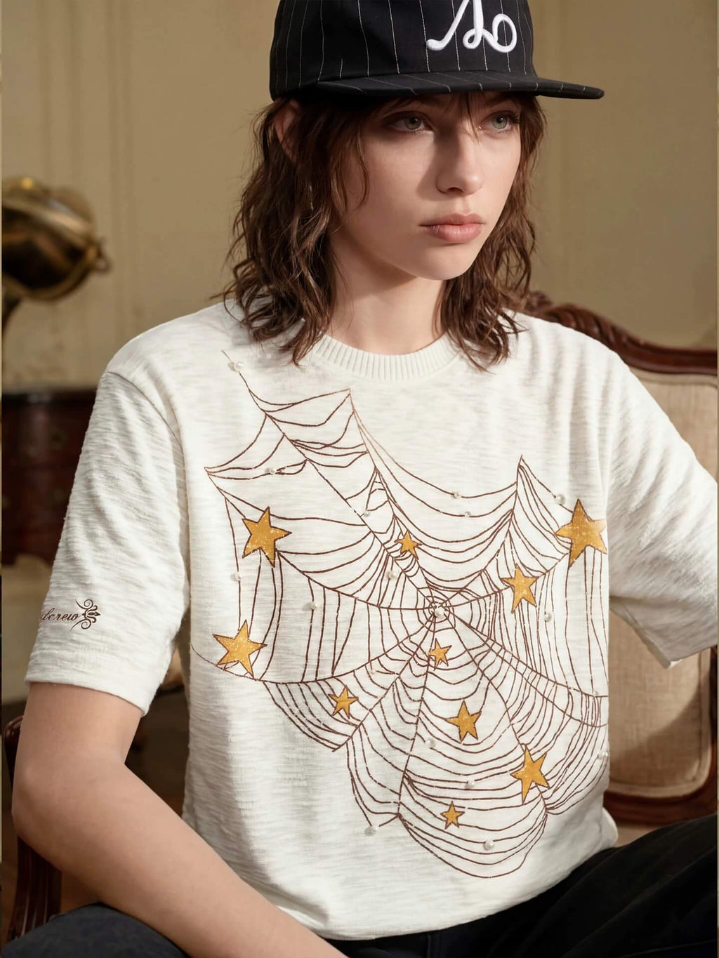 YADcrew Pearl Studded Star Spider Web Print Tee